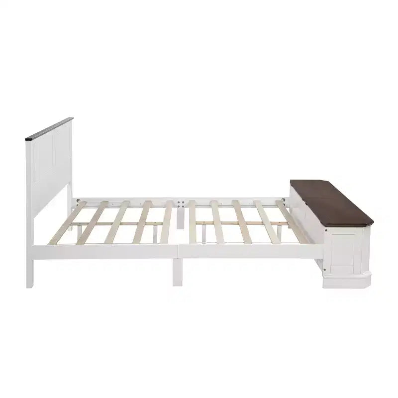Walnut / White Farmhouse Queen Bed with Footboard Storage Bench & 2 Drawers, For 1–2 Users