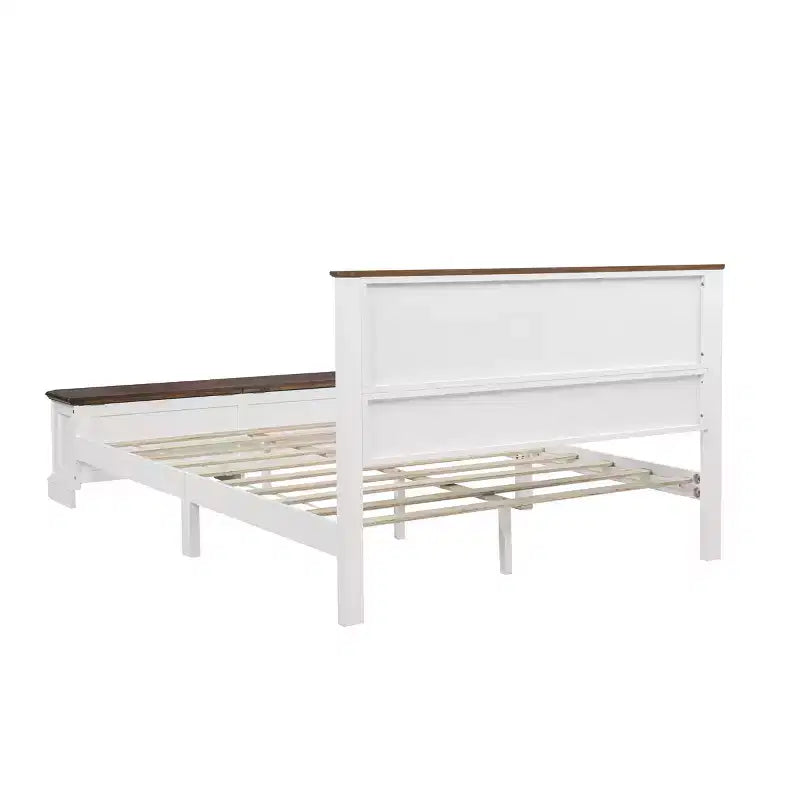 Walnut / White Farmhouse Queen Bed with Footboard Storage Bench & 2 Drawers, For 1–2 Users