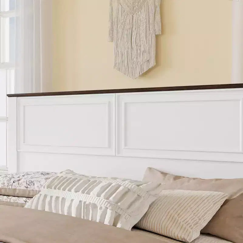 Walnut / White Farmhouse Queen Bed with Footboard Storage Bench & 2 Drawers, For 1–2 Users