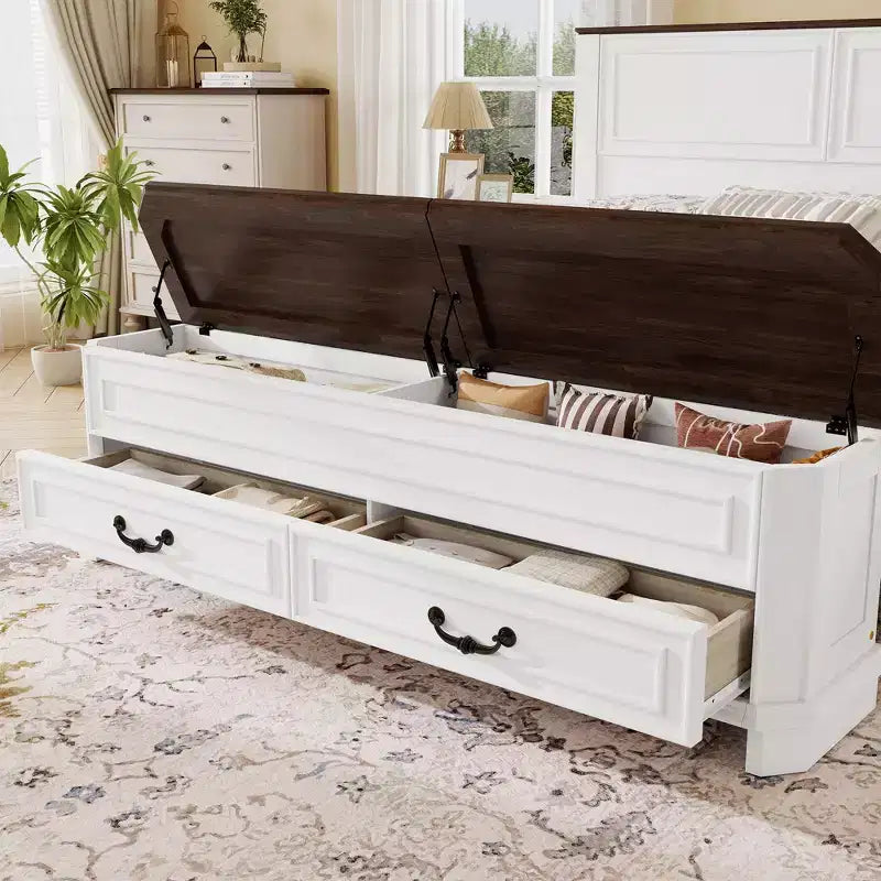 Walnut / White Farmhouse Queen Bed with Footboard Storage Bench & 2 Drawers, For 1–2 Users