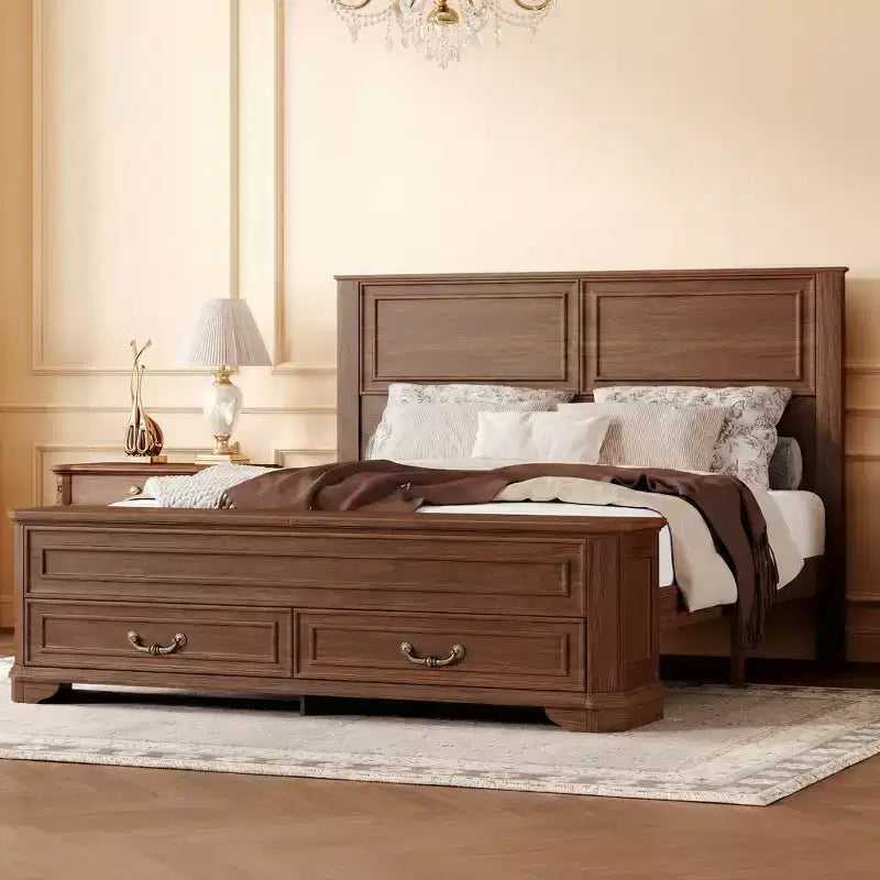 Walnut / White Farmhouse Queen Bed with Footboard Storage Bench & 2 Drawers, For 1–2 Users