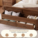 Walnut / White Farmhouse Queen Bed with Footboard Storage Bench & 2 Drawers, For 1–2 Users