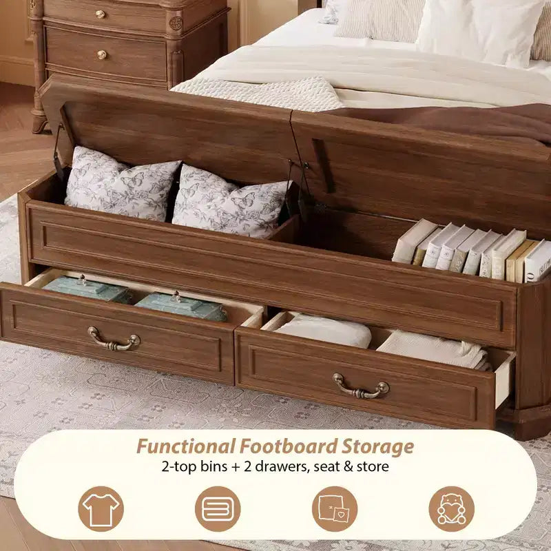 Walnut / White Farmhouse Queen Bed with Footboard Storage Bench & 2 Drawers, For 1–2 Users