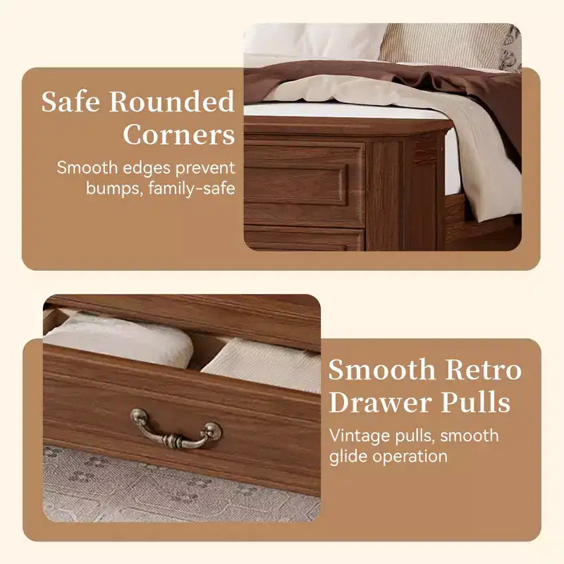 Walnut / White Farmhouse Queen Bed with Footboard Storage Bench & 2 Drawers, For 1–2 Users