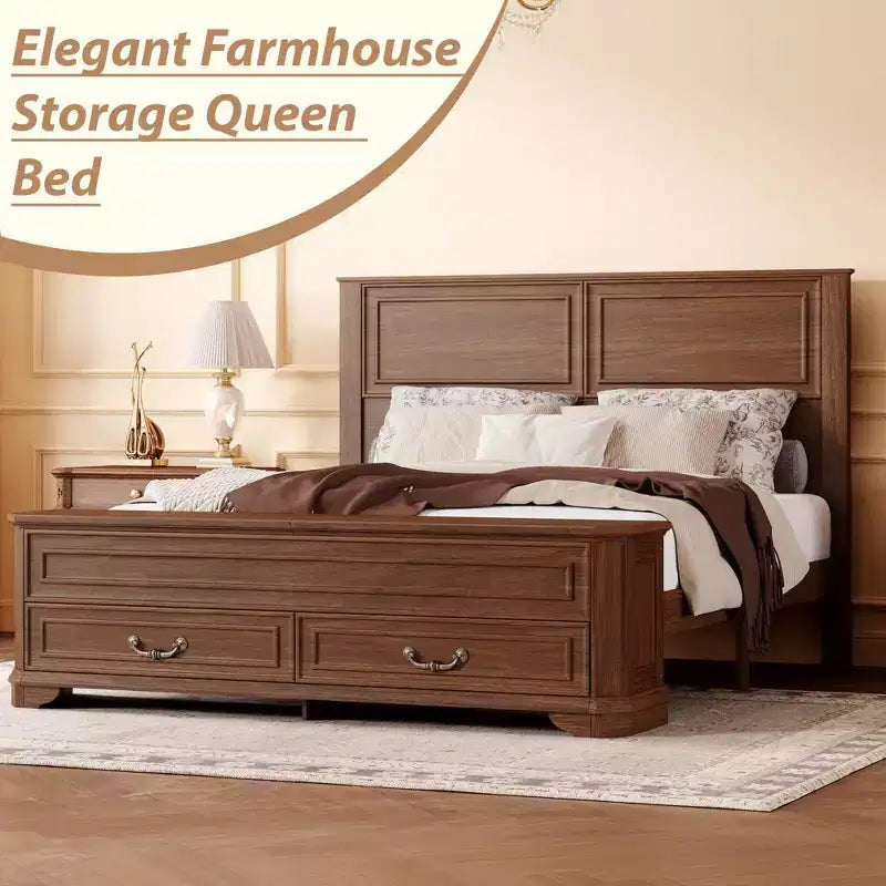 Walnut / White Farmhouse Queen Bed with Footboard Storage Bench & 2 Drawers, For 1–2 Users