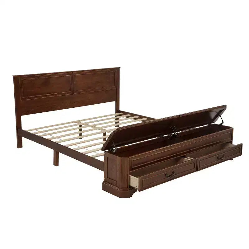 Walnut / White Farmhouse Queen Bed with Footboard Storage Bench & 2 Drawers, For 1–2 Users