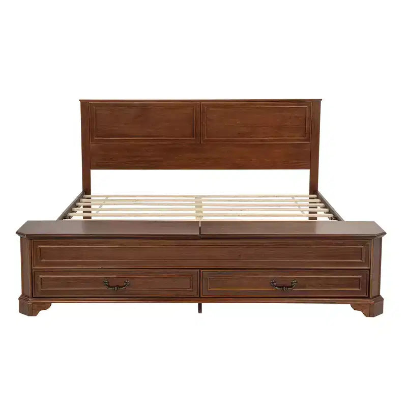 Walnut / White Farmhouse Queen Bed with Footboard Storage Bench & 2 Drawers, For 1–2 Users