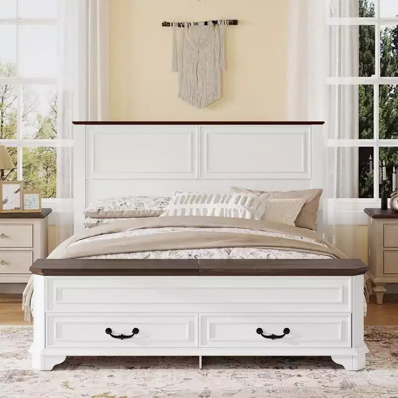 Walnut / White Farmhouse Queen Bed with Footboard Storage Bench & 2 Drawers, For 1–2 Users