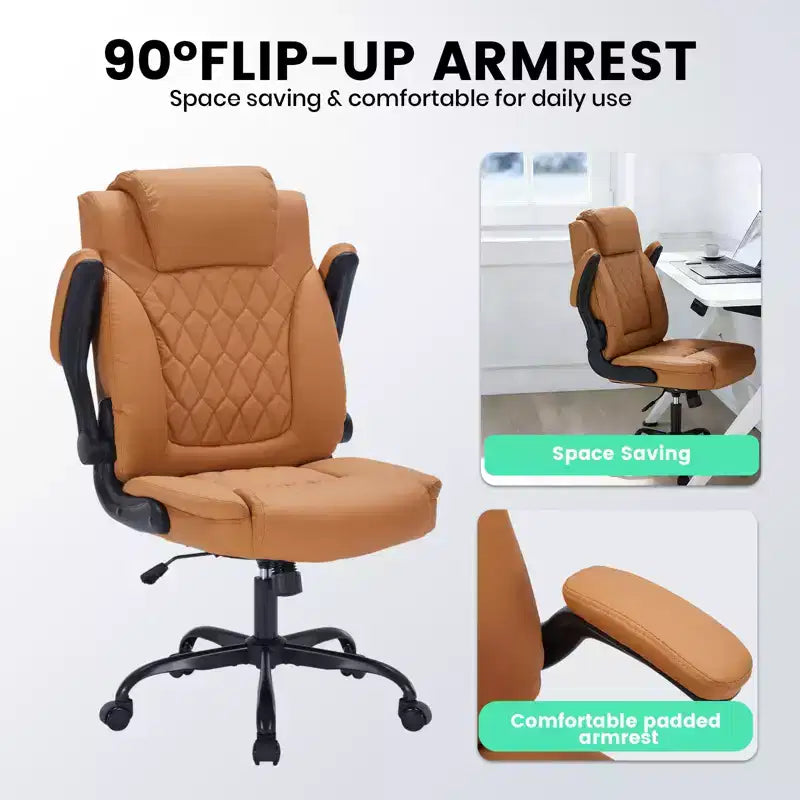 Black/Brown/Gray PU Leather Ergonomic Office Chair with Flip-Up Arms, Single Seat, 350 lbs Capacity