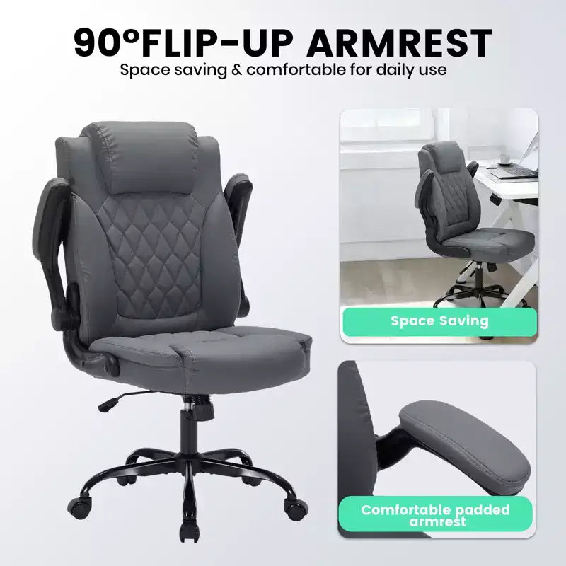 Black/Brown/Gray PU Leather Ergonomic Office Chair with Flip-Up Arms, Single Seat, 350 lbs Capacity
