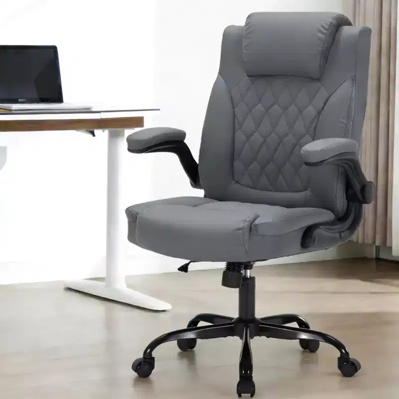 Black/Brown/Gray PU Leather Ergonomic Office Chair with Flip-Up Arms, Single Seat, 350 lbs Capacity