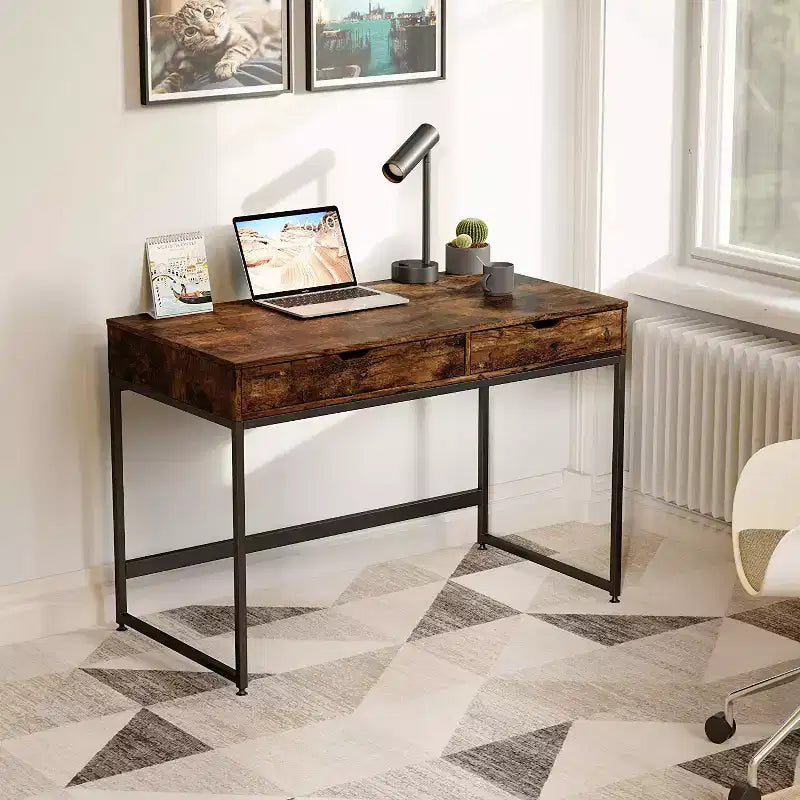 Rustic Brown Writing Desk with 2 Drawers, Single-Person, Rectangular