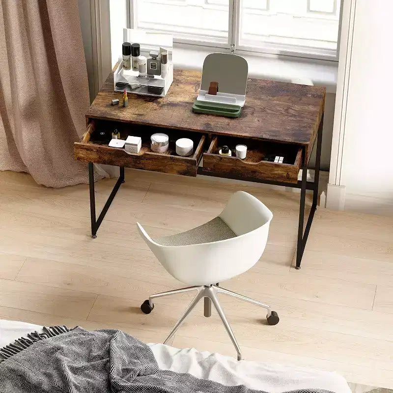 Rustic Brown Writing Desk with 2 Drawers, Single-Person, Rectangular