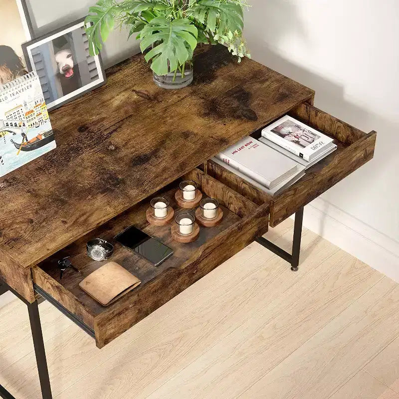 Rustic Brown Writing Desk with 2 Drawers, Single-Person, Rectangular