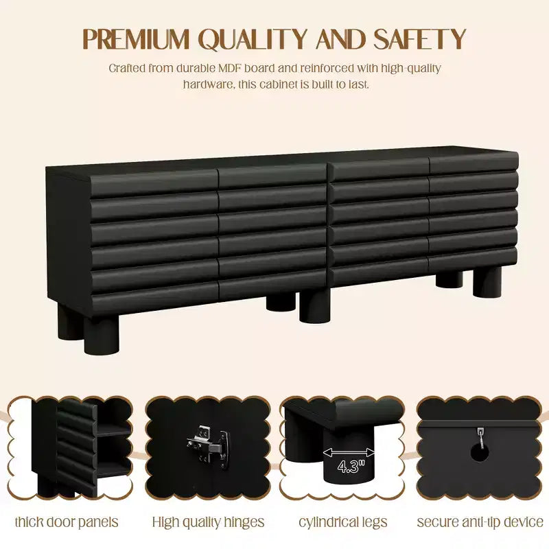 Black Wavy-Door TV Stand, 4-Cabinet, Up to 75" TV, 1-Person Assembly