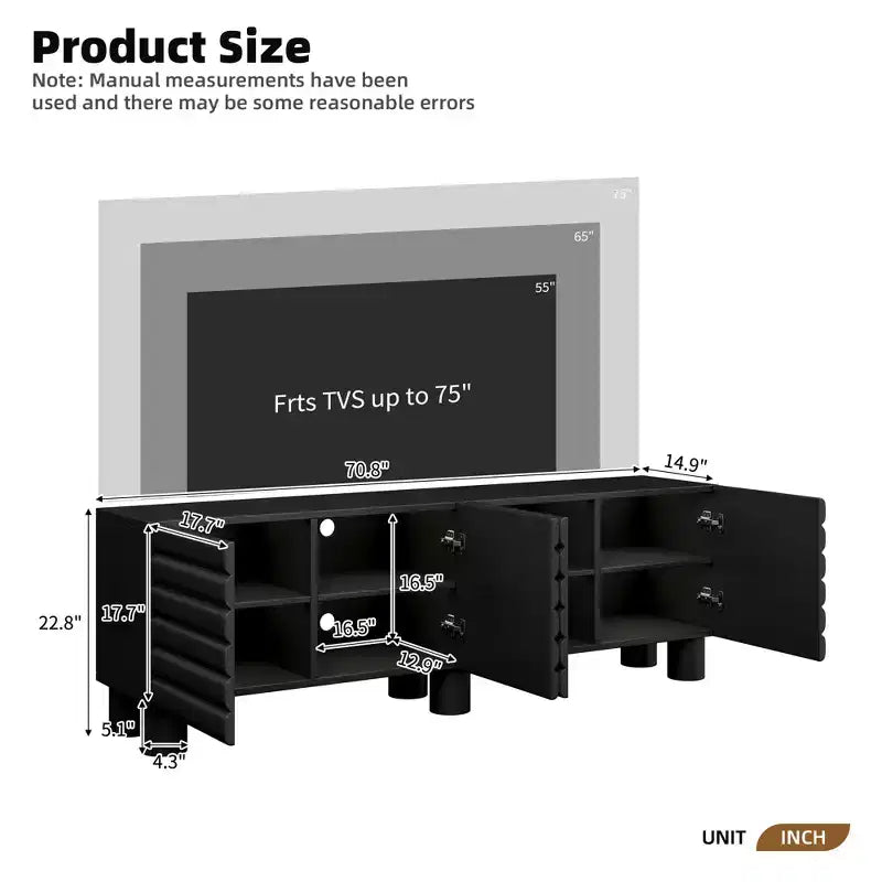 Black Wavy-Door TV Stand, 4-Cabinet, Up to 75" TV, 1-Person Assembly