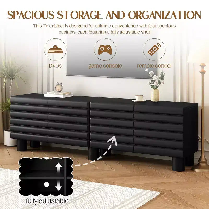 Black Wavy-Door TV Stand, 4-Cabinet, Up to 75" TV, 1-Person Assembly