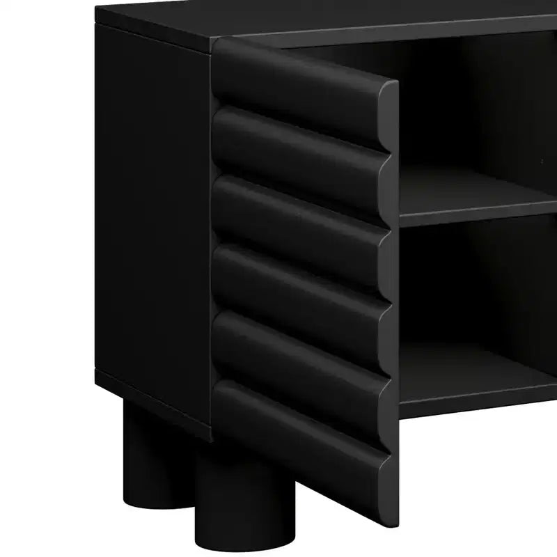 Black Wavy-Door TV Stand, 4-Cabinet, Up to 75" TV, 1-Person Assembly