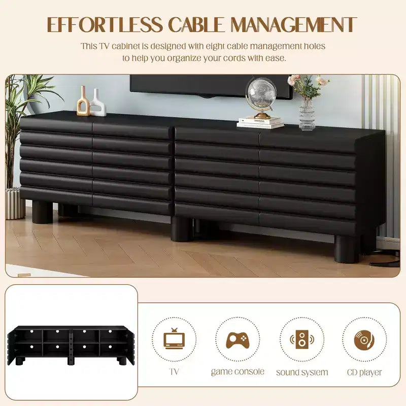 Black Wavy-Door TV Stand, 4-Cabinet, Up to 75" TV, 1-Person Assembly