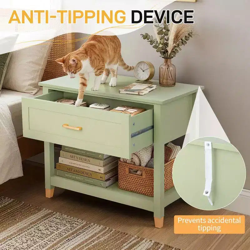 Light Green Rectangle Nightstand with 1 Drawer & 1 Shelf, Single