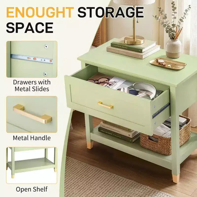 Light Green Rectangle Nightstand with 1 Drawer & 1 Shelf, Single