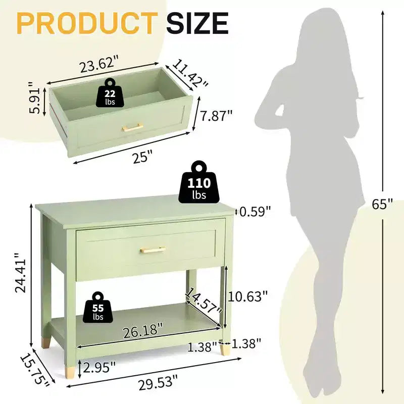 Light Green Rectangle Nightstand with 1 Drawer & 1 Shelf, Single
