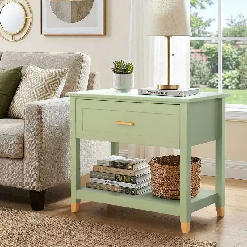 Light Green Rectangle Nightstand with 1 Drawer & 1 Shelf, Single