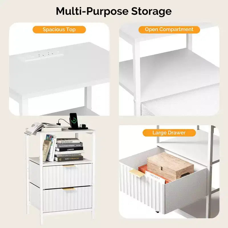 White 2-Drawer 1-Shelf Nightstand with Power Outlet, Set of 2