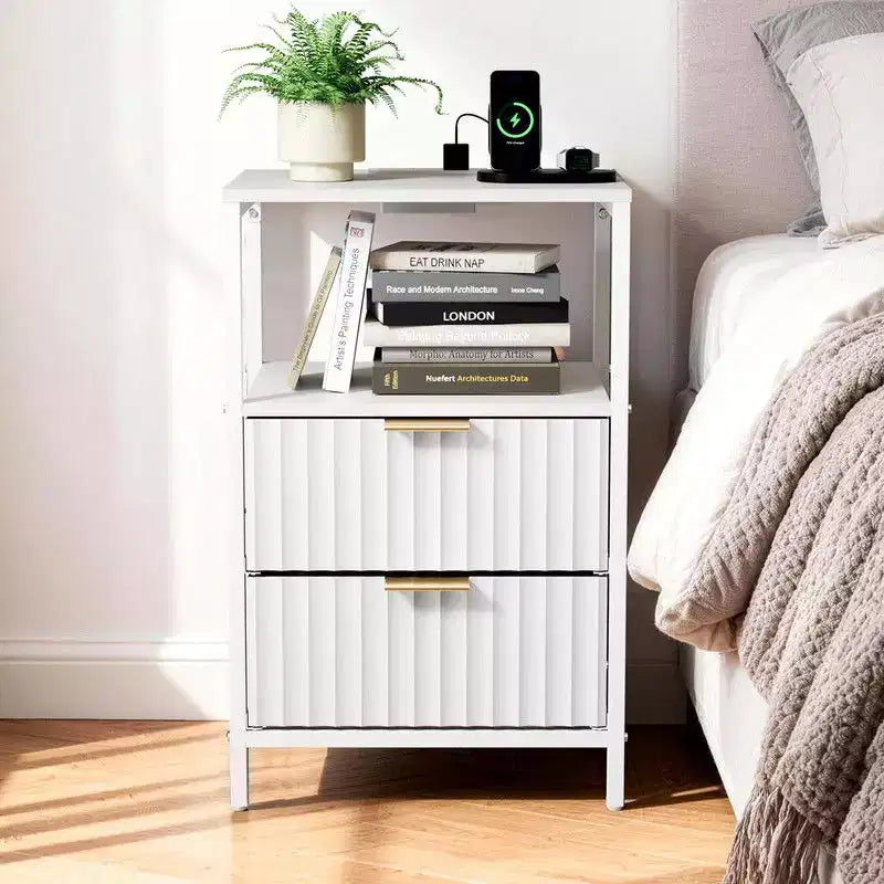 White 2-Drawer 1-Shelf Nightstand with Power Outlet, Set of 2