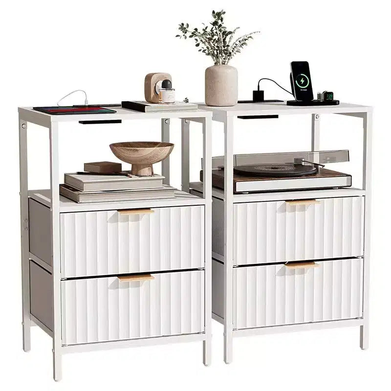 White 2-Drawer 1-Shelf Nightstand with Power Outlet, Set of 2