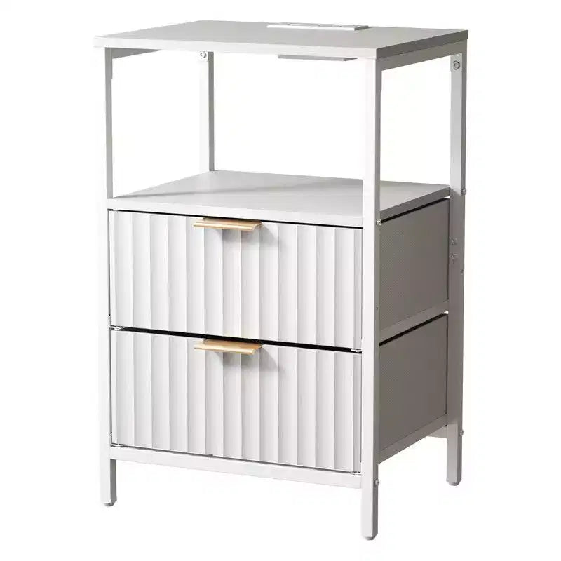 White 2-Drawer 1-Shelf Nightstand with Power Outlet, Set of 2