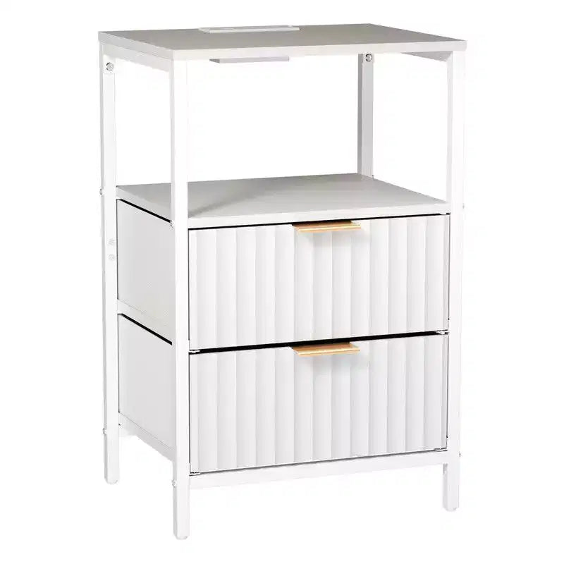 White 2-Drawer 1-Shelf Nightstand with Power Outlet, Set of 2