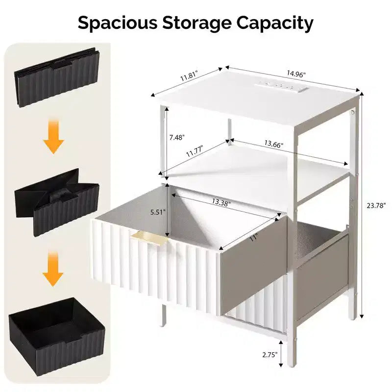 White 2-Drawer 1-Shelf Nightstand with Power Outlet, Set of 2