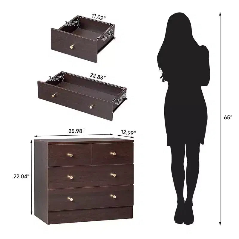 White 4-Drawer Dresser, 3-Tier, Matte Gold Handles, for 1