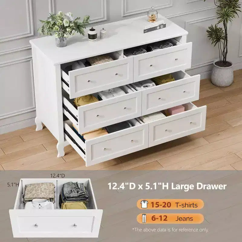 White 6-Drawer Dresser with French Curved Legs, MDF