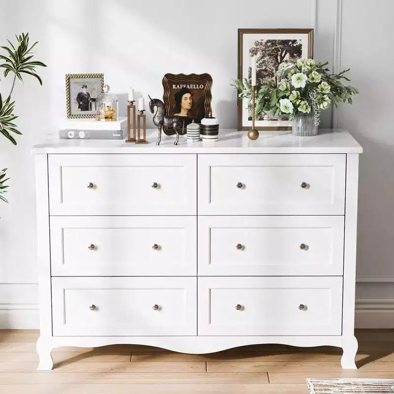 White 6-Drawer Dresser with French Curved Legs, MDF