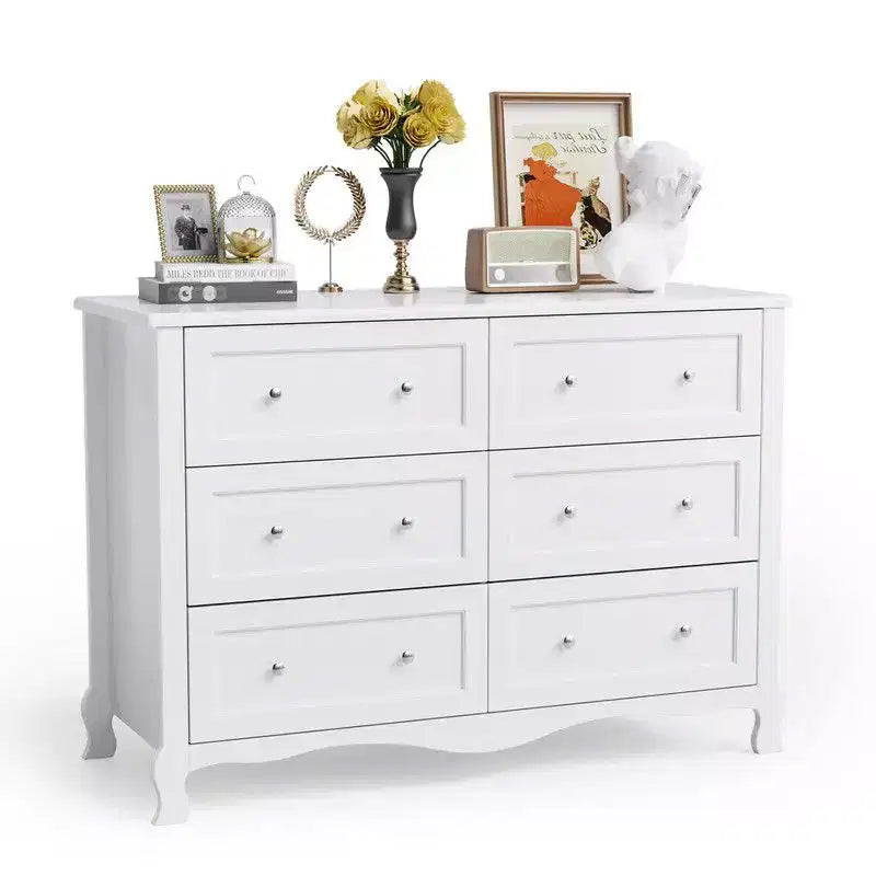 White 6-Drawer Dresser with French Curved Legs, MDF