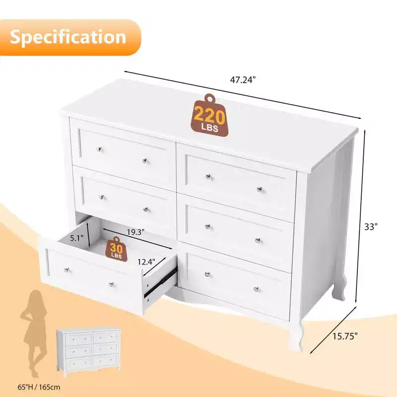White 6-Drawer Dresser with French Curved Legs, MDF