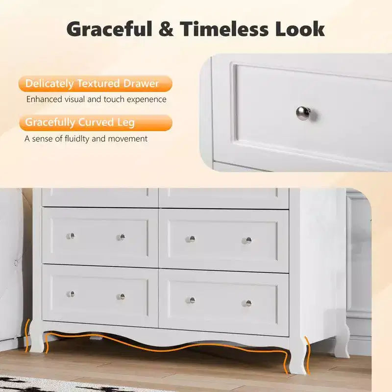 White 6-Drawer Dresser with French Curved Legs, MDF