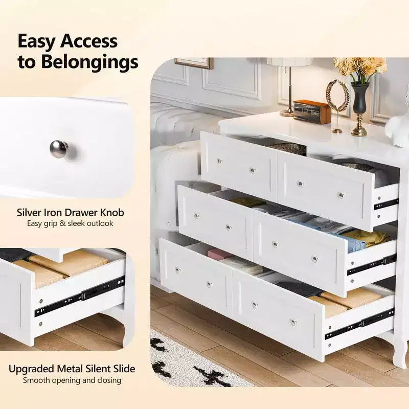 White 6-Drawer Dresser with French Curved Legs, MDF