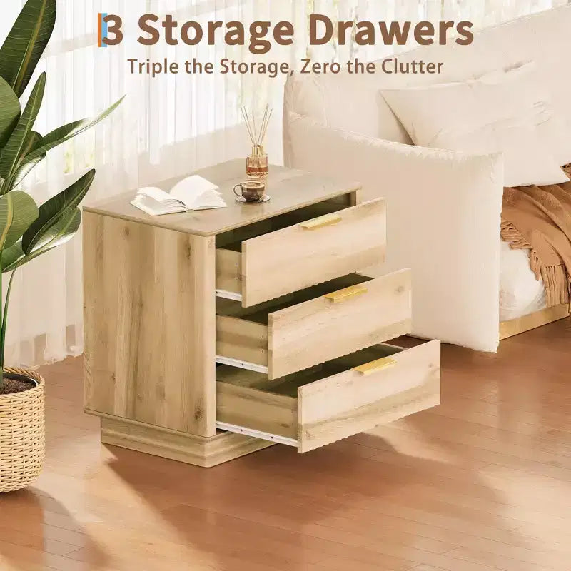 Brown / Natural Fluted Nightstand with 3 Drawers, Single