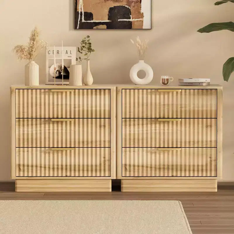 Brown / Natural Fluted Nightstand with 3 Drawers, Single