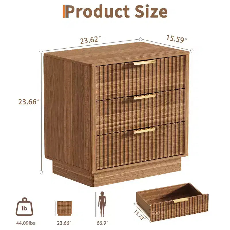 Brown / Natural Fluted Nightstand with 3 Drawers, Single