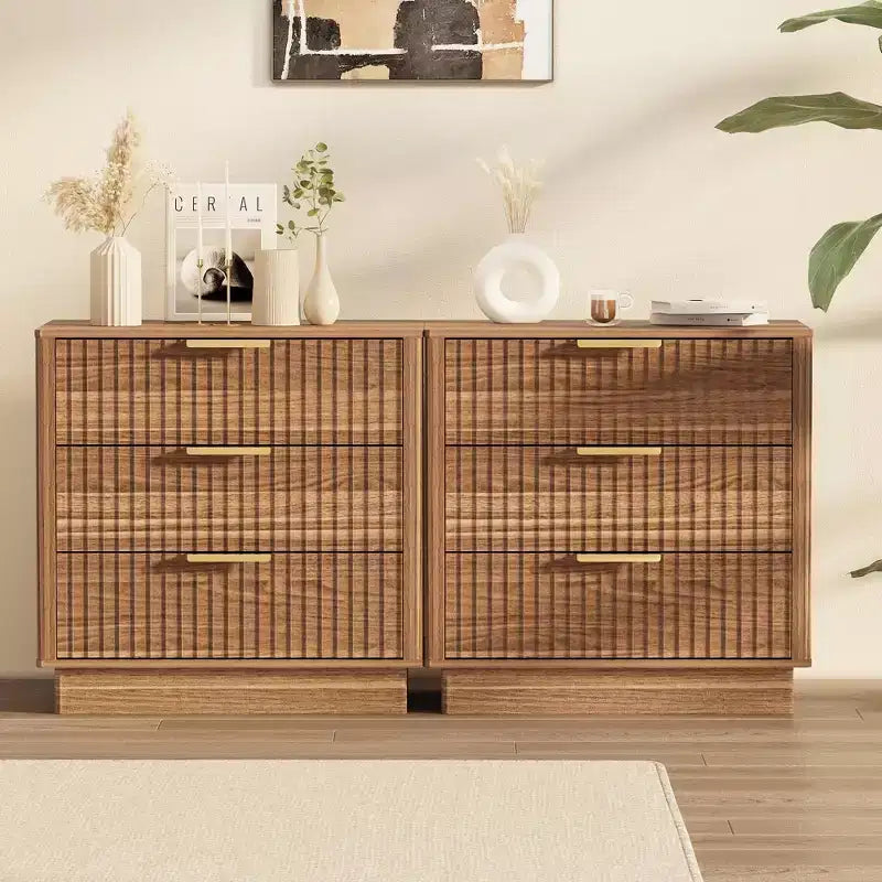 Brown / Natural Fluted Nightstand with 3 Drawers, Single