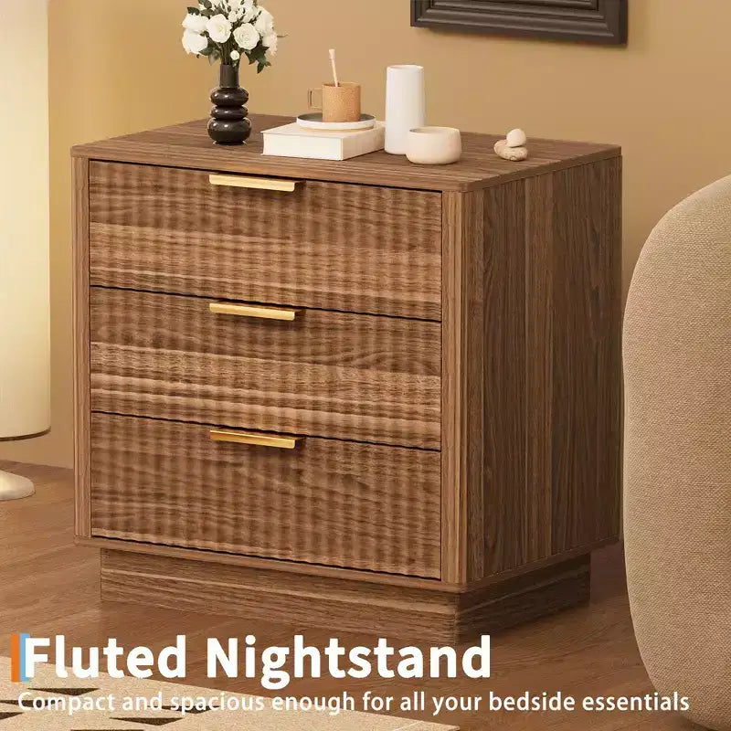 Brown / Natural Fluted Nightstand with 3 Drawers, Single