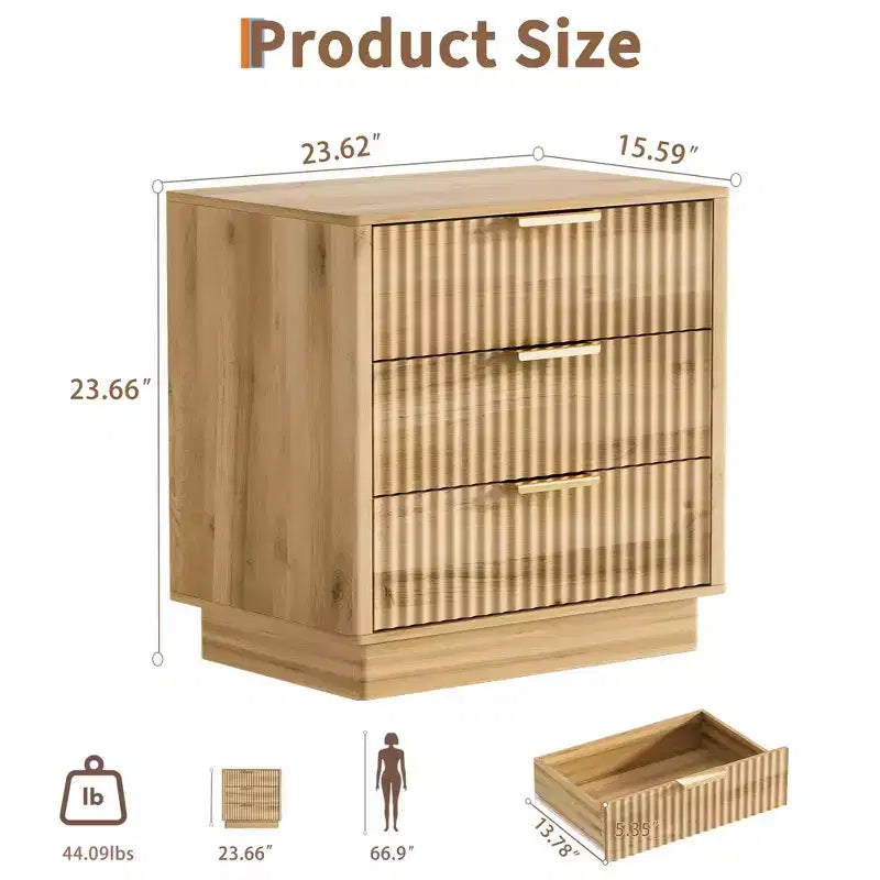 Brown / Natural Fluted Nightstand with 3 Drawers, Single