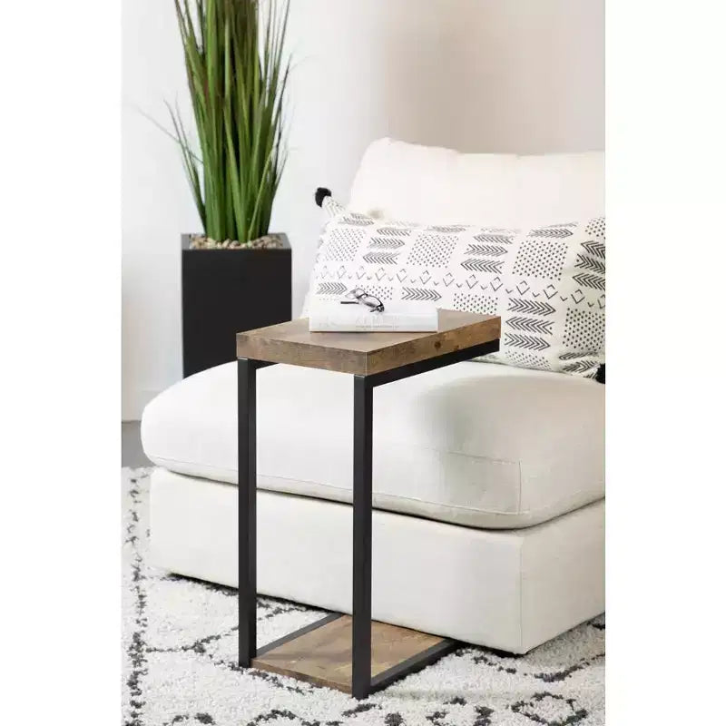 Brown Wood & Black Metal Snack Side Table, 1-Person