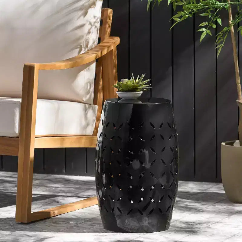 Black Cylindrical Side Table, Iron Laser-Cut, 1-Person Use, Indoor/Outdoor