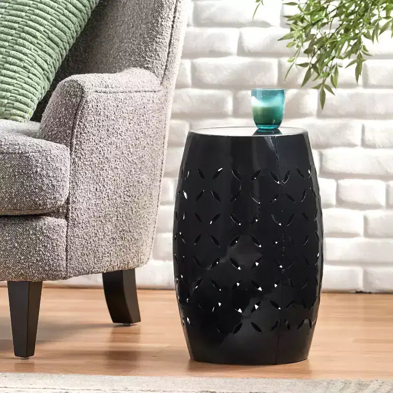 Black Cylindrical Side Table, Iron Laser-Cut, 1-Person Use, Indoor/Outdoor