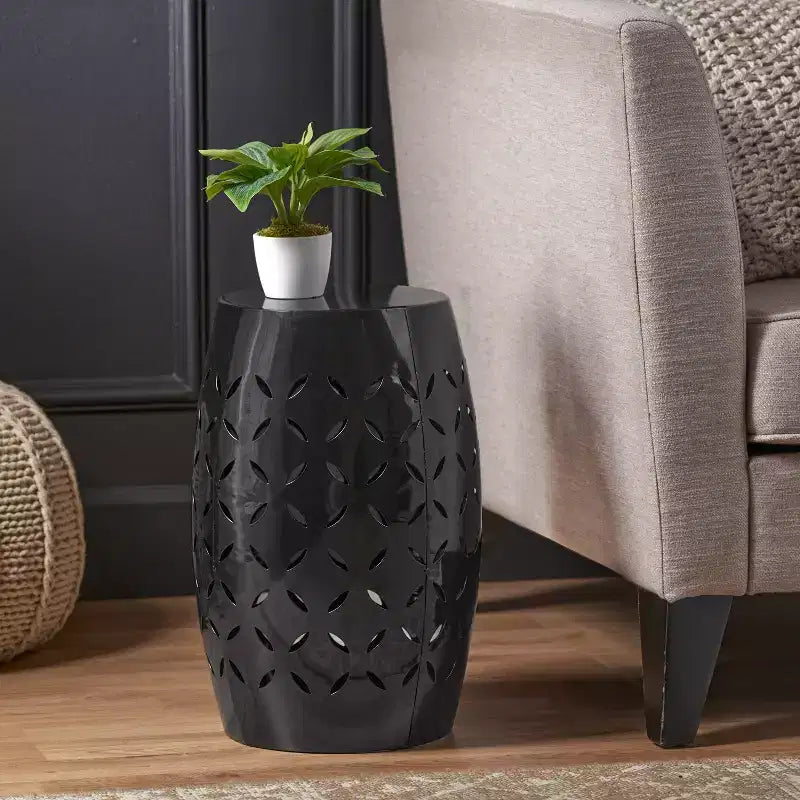 Black Cylindrical Side Table, Iron Laser-Cut, 1-Person Use, Indoor/Outdoor